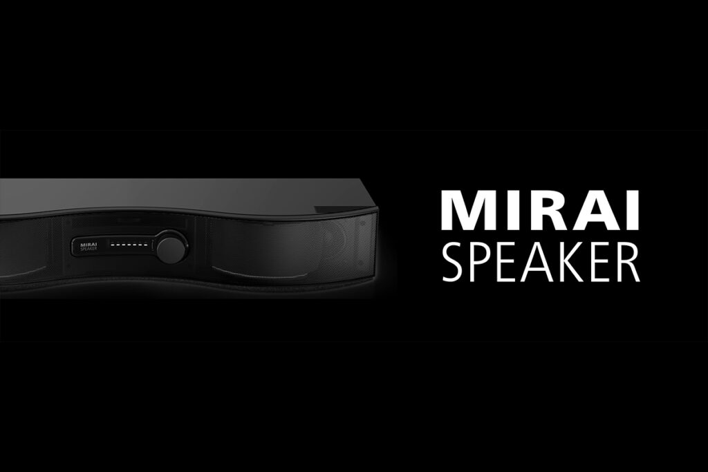 Mirai Speaker on a black background with logo to right
